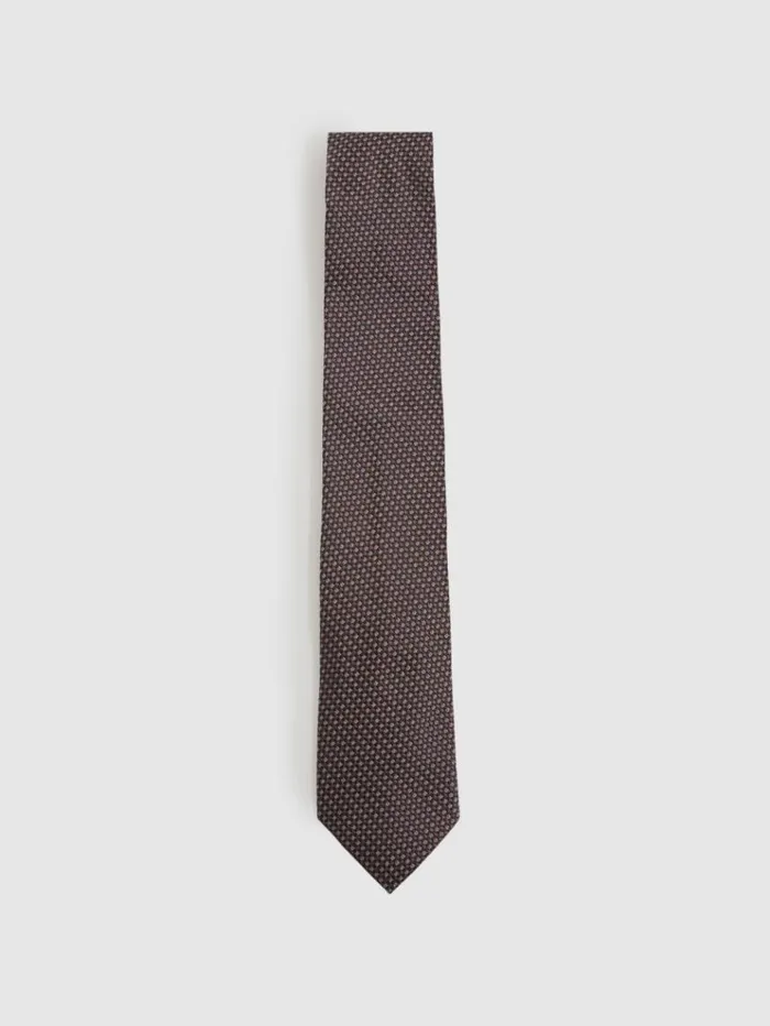 REISS Ties and Pocket Squares Men Silk Blend Textured Weave Tie Dark Brown