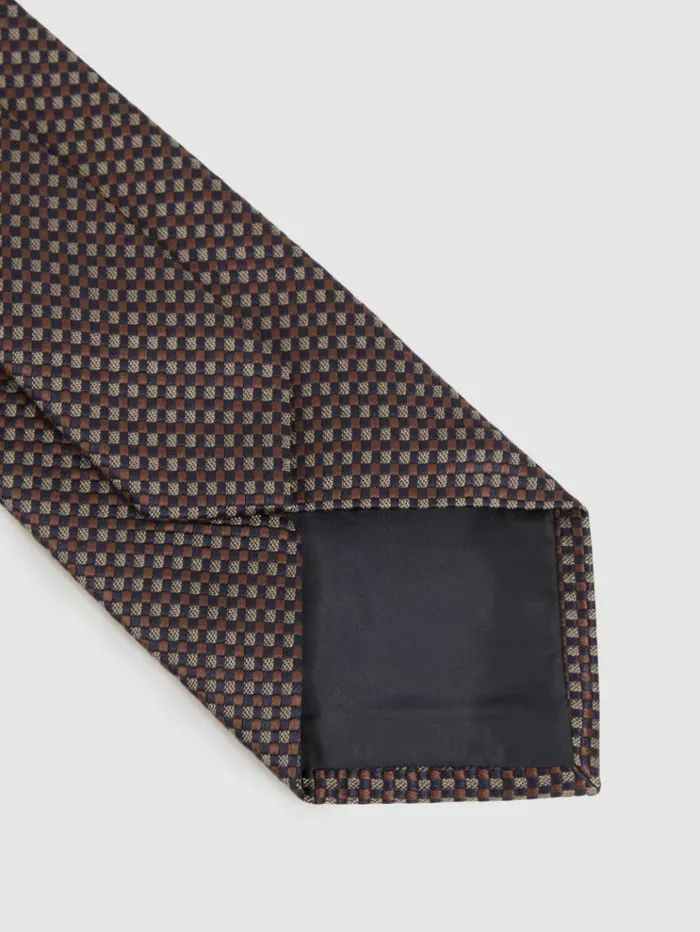 REISS Ties and Pocket Squares Men Silk Blend Textured Weave Tie Dark Brown