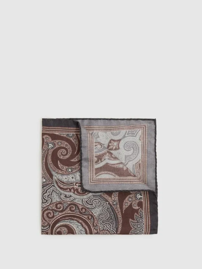 REISS Ties and Pocket Squares Men Silk Hybrid Print Pocket Square Chocolate