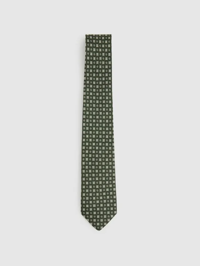 REISS Ties and Pocket Squares Men Silk Medallion Print Tie Olive