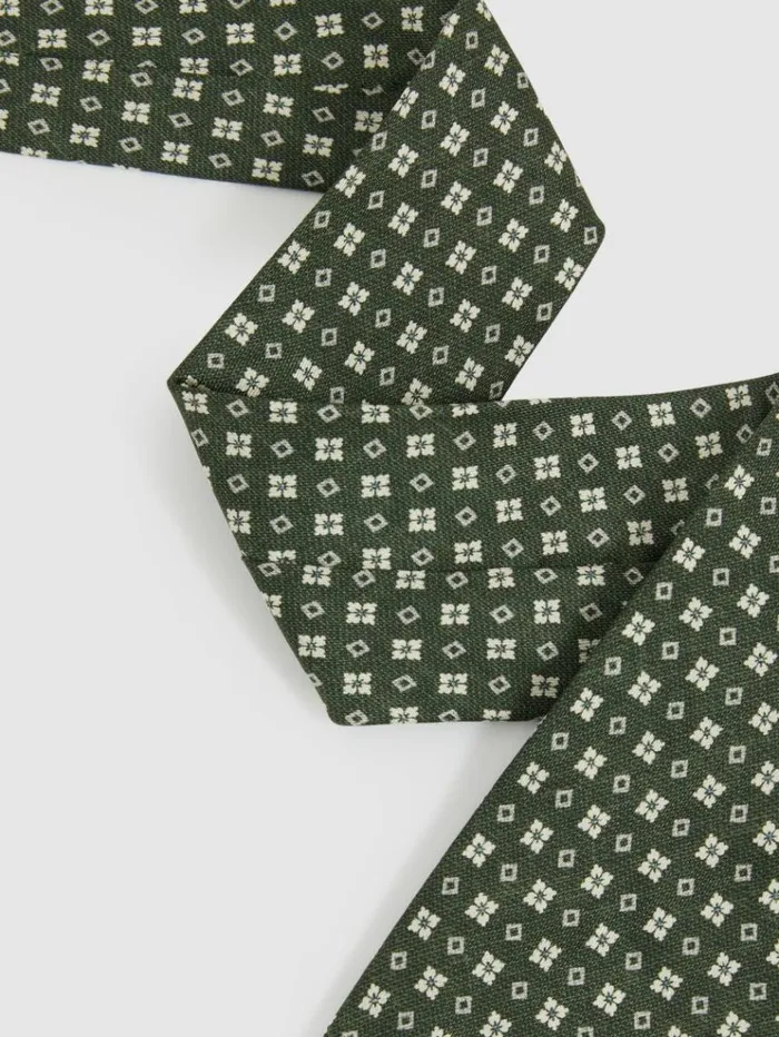 REISS Ties and Pocket Squares Men Silk Medallion Print Tie Olive