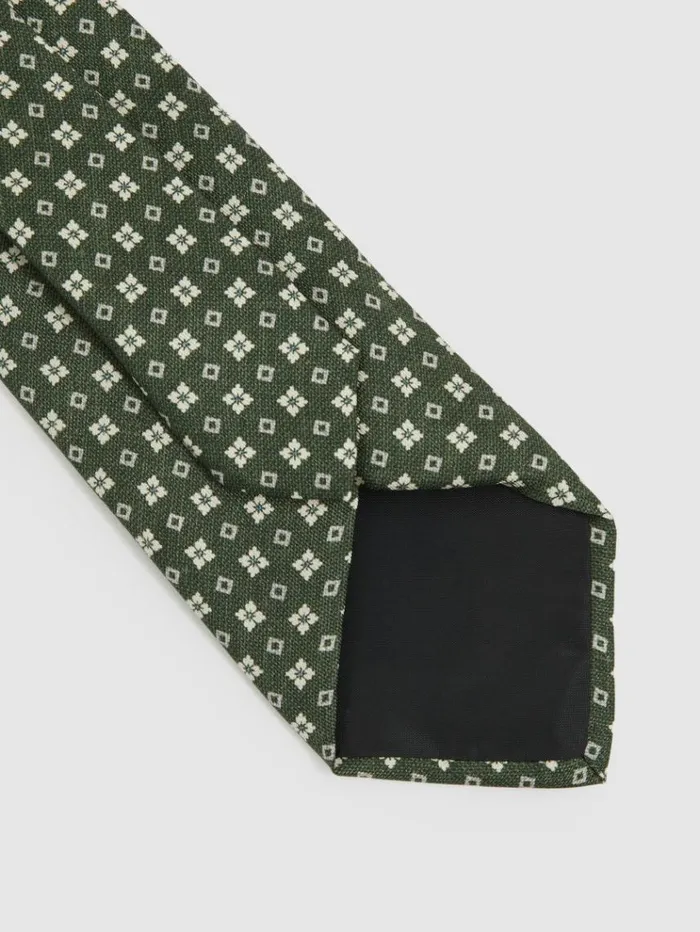 REISS Ties and Pocket Squares Men Silk Medallion Print Tie Olive