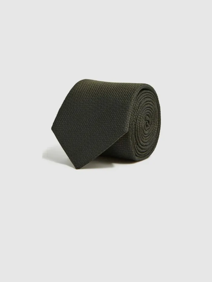 REISS Ties and Pocket Squares Men Textured SilkBlend Tie Dark Green