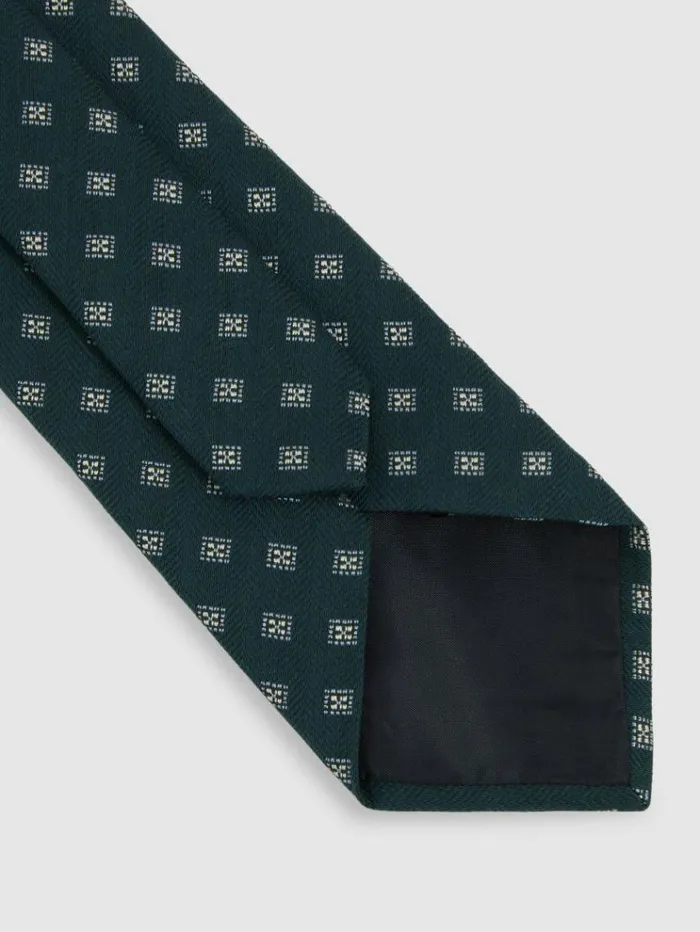 REISS Ties and Pocket Squares Men Wool Silk Foulard Textured Tie Forest Green