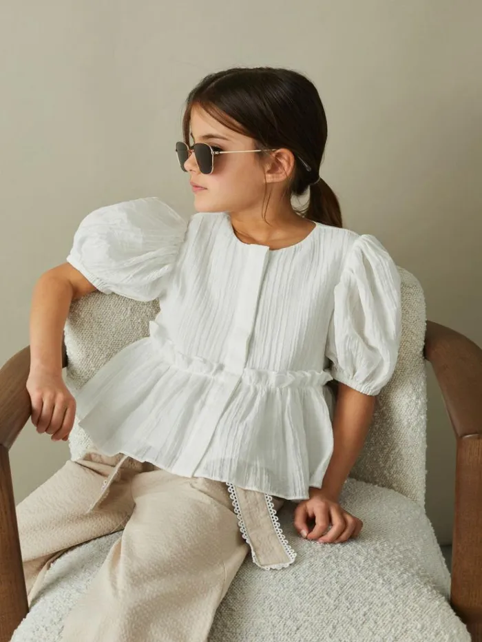 REISS Tops and TShirts Children Puff Sleeve Peplum Top Ivory