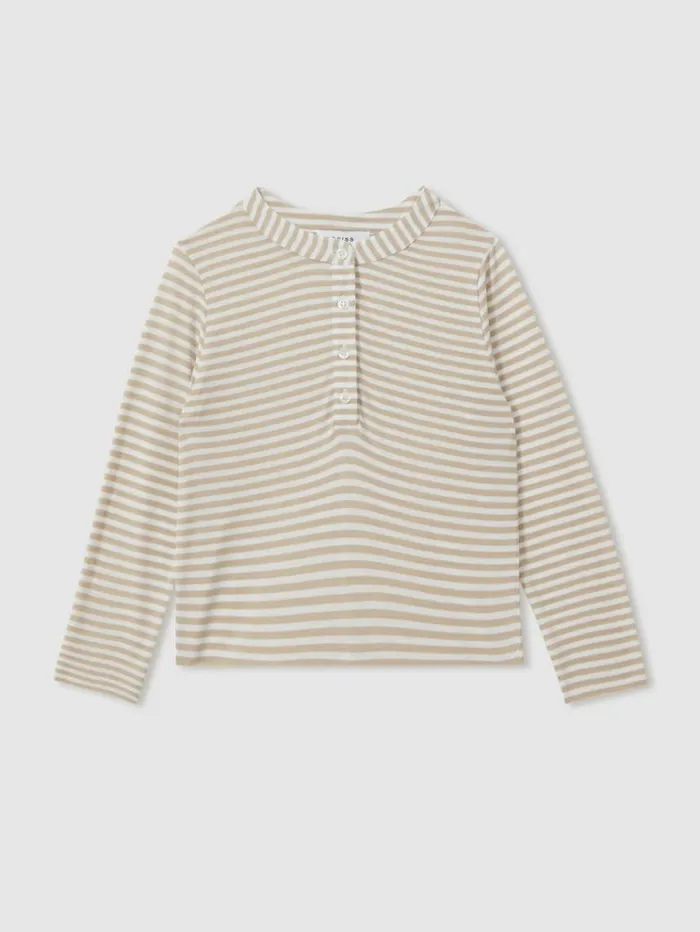 REISS Tops and TShirts Children Striped Grandad Collar LongSleeve Top Oatmeal