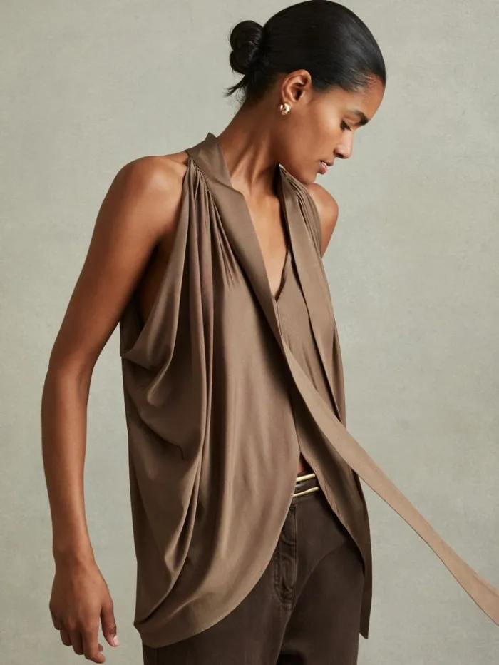 REISS Tops Women Draped Tie Neck Top Dark Mink