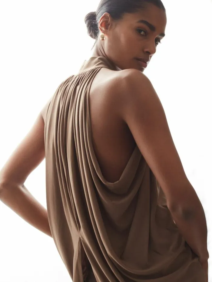 REISS Tops Women Draped Tie Neck Top Dark Mink