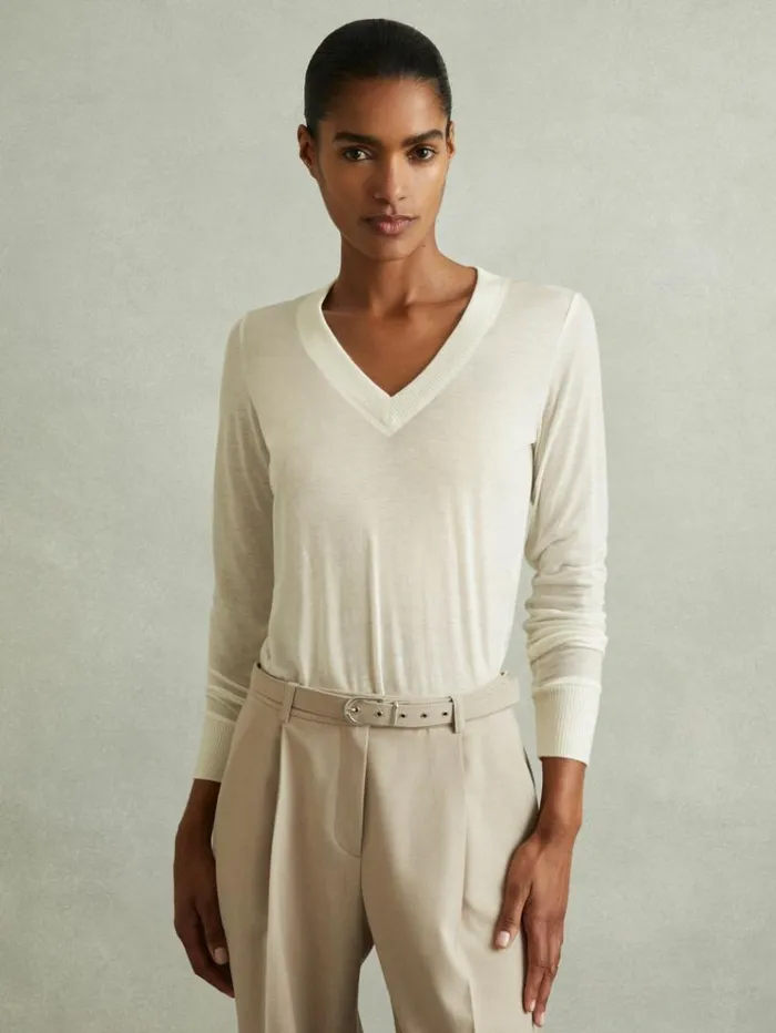 REISS Tops Women Lyocell Wool Marled VNeck Top Cream