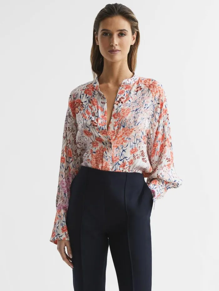 REISS Tops Women Meadow Print Split Cuff Shirt Coralwhite