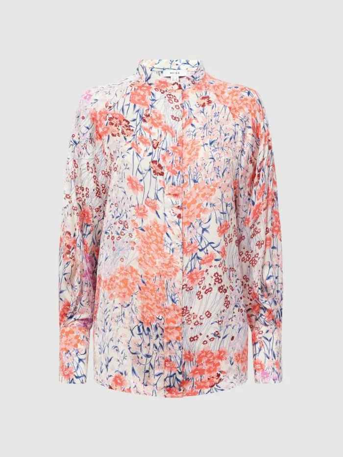REISS Tops Women Meadow Print Split Cuff Shirt Coralwhite