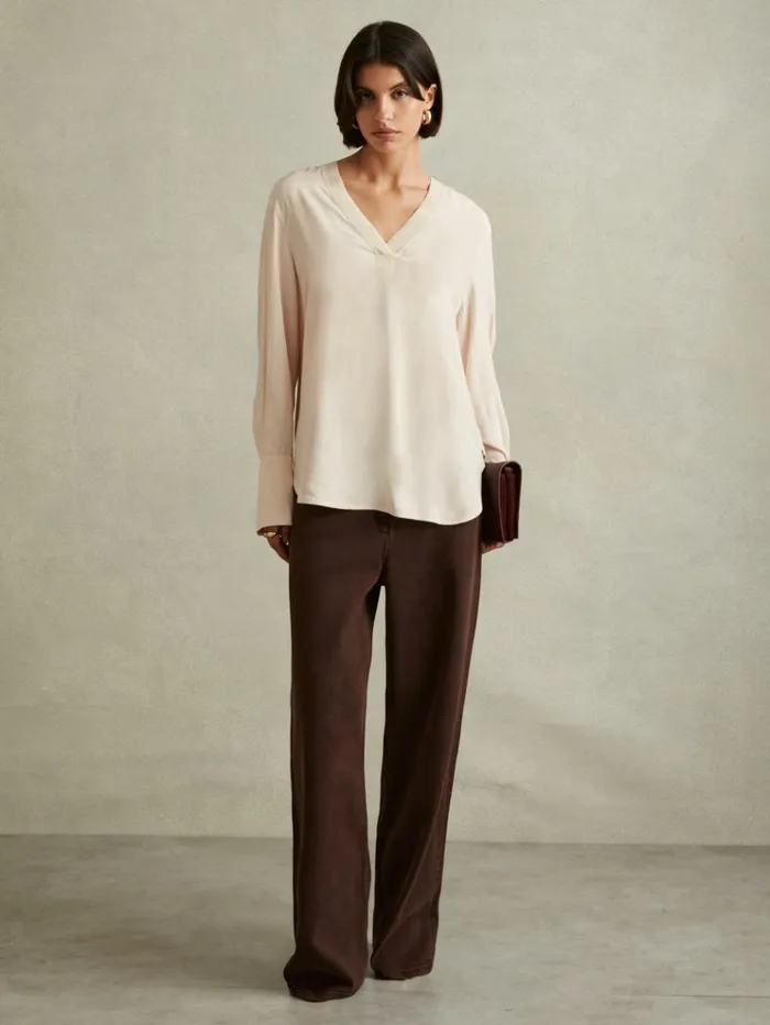 REISS Tops Women Relaxed HighLow VNeck Top Pale Pink