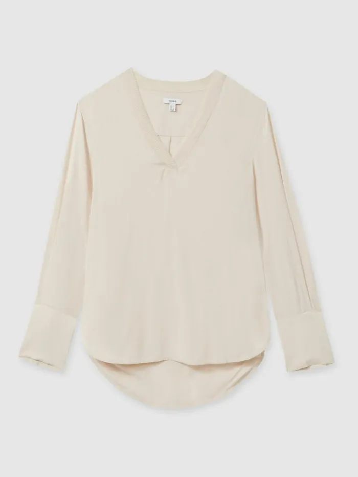 REISS Tops Women Relaxed HighLow VNeck Top Pale Pink