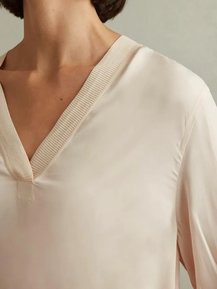 REISS Tops Women Relaxed HighLow VNeck Top Pale Pink