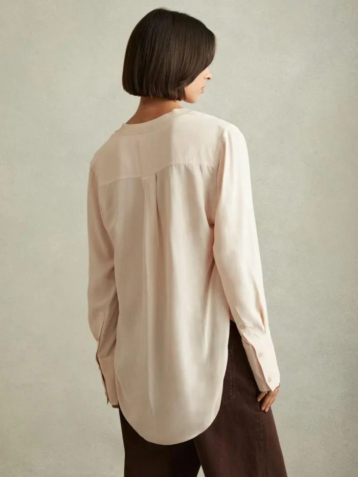 REISS Tops Women Relaxed HighLow VNeck Top Pale Pink