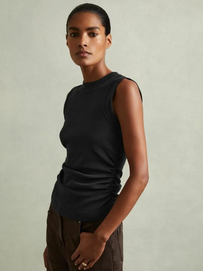 REISS Tops Women Ribbed Ruched Waist Vest Navy