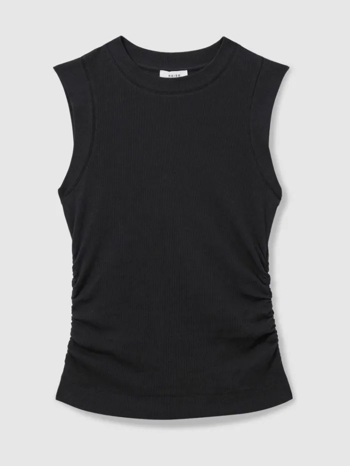 REISS Tops Women Ribbed Ruched Waist Vest Navy