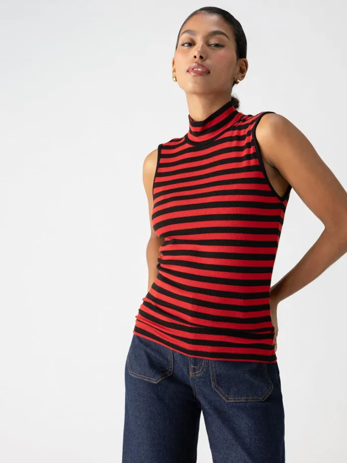 Sanctuary Clothing Sweaters and Cardis Women Essential Sleeveless Mock Neck Tank Black Cherry Red Stripe Sanctuary Clothing Sweaters and Cardis Women Essential Sleeveless Mock Neck Tank Black Cherry Red Stripe