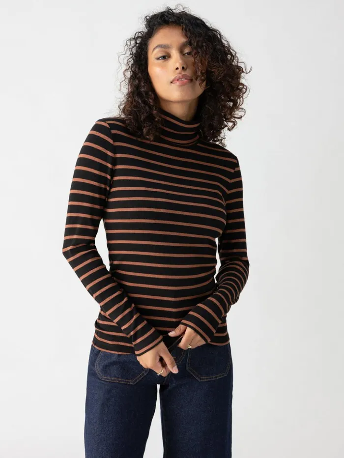 Sanctuary Clothing Sweaters and Cardis Women Essential Turtleneck Top Raw Hide Black Stripe Sanctuary Clothing Sweaters and Cardis Women Essential Turtleneck Top Raw Hide Black Stripe