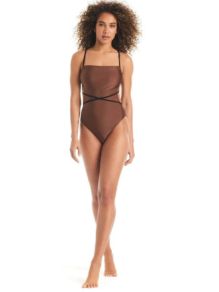 Sanctuary Clothing Swim OnePieces Women Straight Neck Tie Mio OnePiece Swimsuit BlackChocolate Sanctuary Clothing Swim OnePieces Women Straight Neck Tie Mio OnePiece Swimsuit BlackChocolate