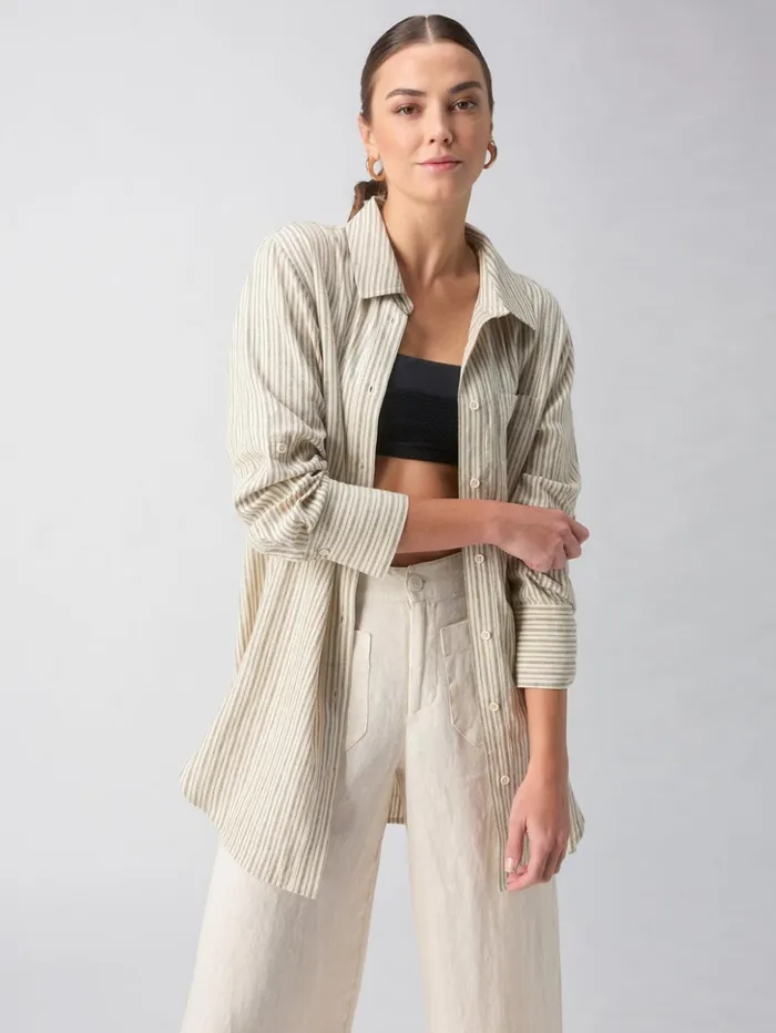 Sanctuary Clothing Tees and Tops Women Long Line Pocket Shirt Eco Olive Stripe Sanctuary Clothing Tees and Tops Women Long Line Pocket Shirt Eco Olive Stripe