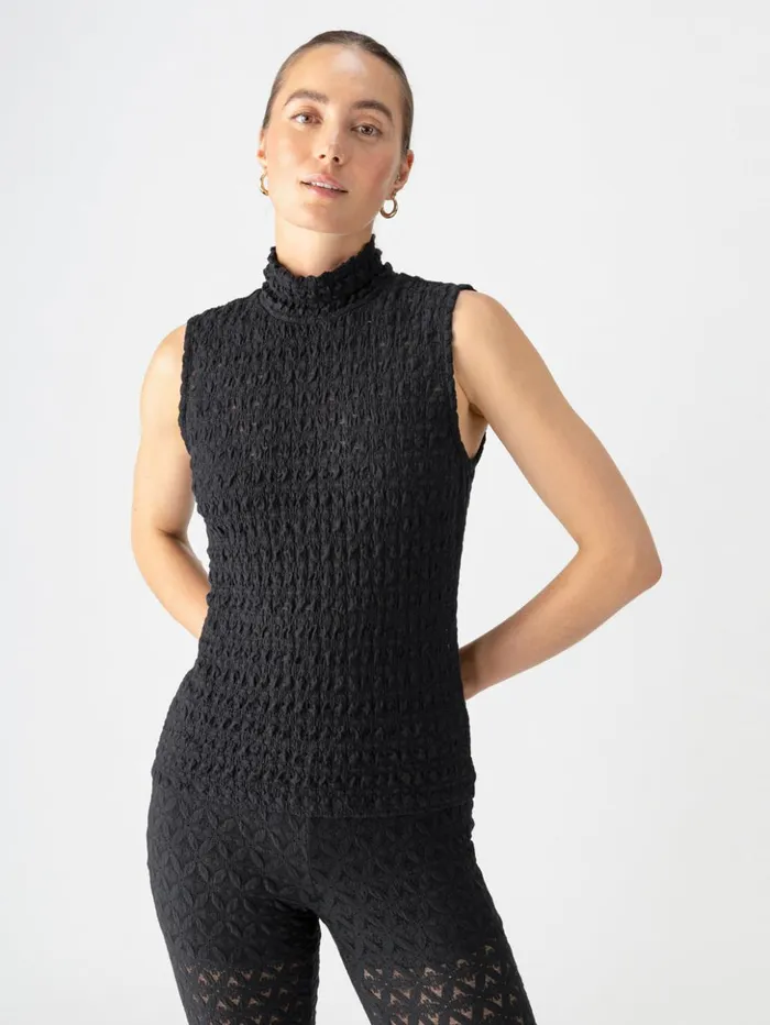 Sanctuary Clothing Tees and Tops Women Pucker Up Lace Mock Neck Tank Black