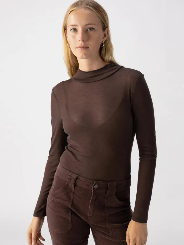 Sanctuary Clothing Tees and Tops Women The Semi Sheer Long Sleeve Mock Neck Top Coffee