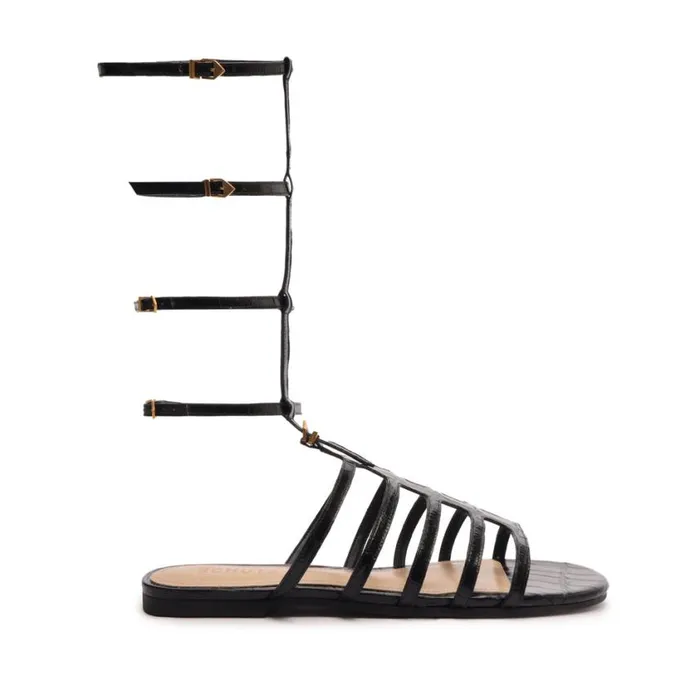 Schutz Shoes Flats Hayden CrocodileEmbossed Leather Sandal Black 8211 Women