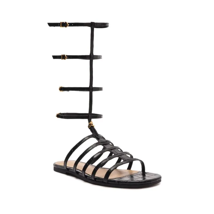 Schutz Shoes Flats Hayden CrocodileEmbossed Leather Sandal Black 8211 Women
