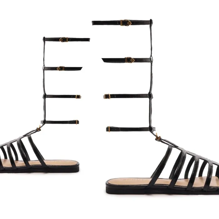 Schutz Shoes Flats Hayden CrocodileEmbossed Leather Sandal Black 8211 Women