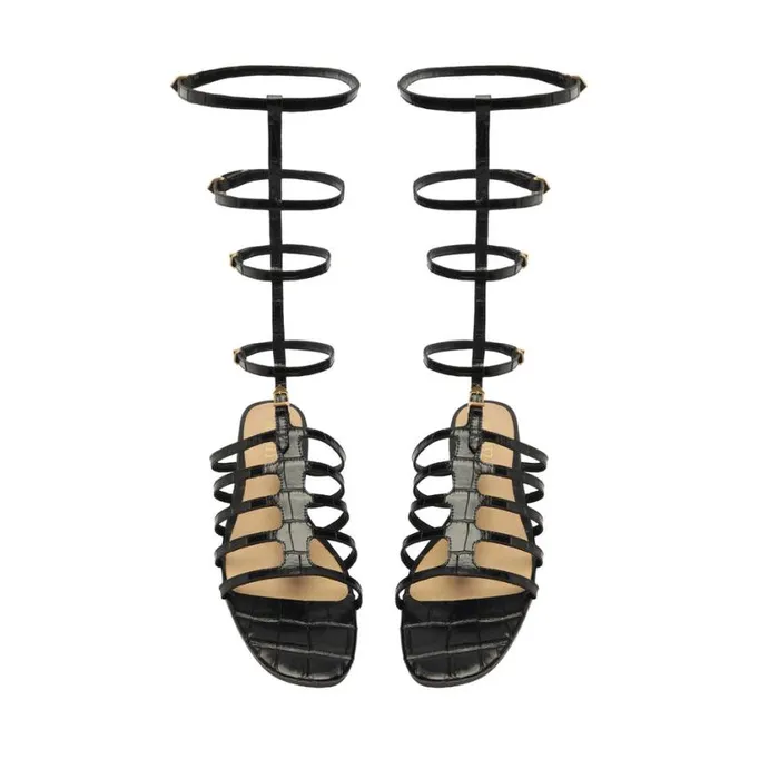 Schutz Shoes Flats Hayden CrocodileEmbossed Leather Sandal Black 8211 Women