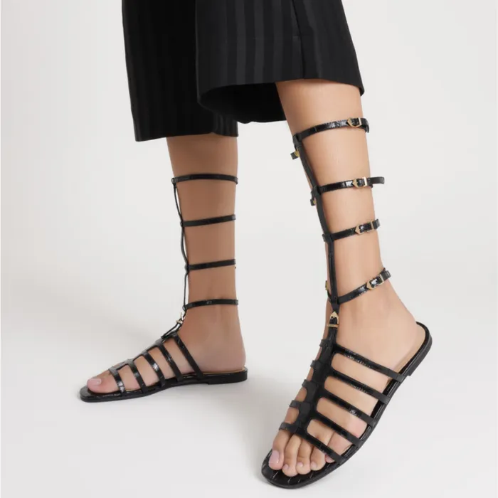 Schutz Shoes Flats Hayden CrocodileEmbossed Leather Sandal Black 8211 Women