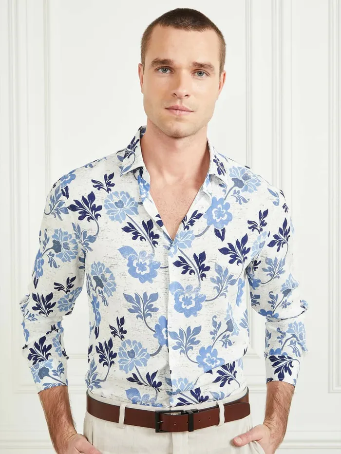 Shirts GUESS Men Eco Benny Paul Shirt Blue Macro Flower Print