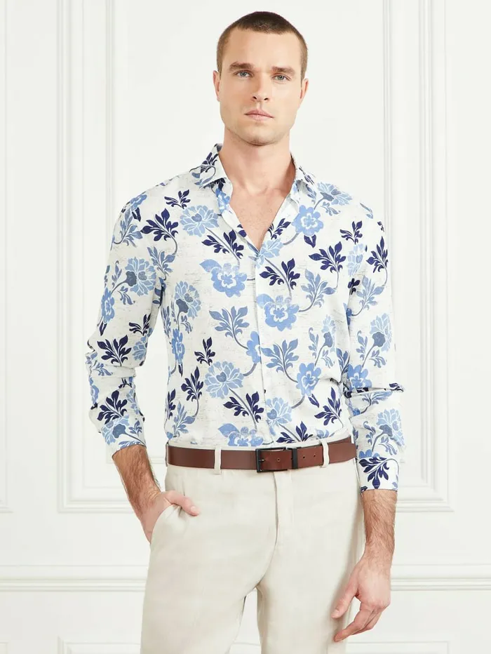 Shirts GUESS Men Eco Benny Paul Shirt Blue Macro Flower Print