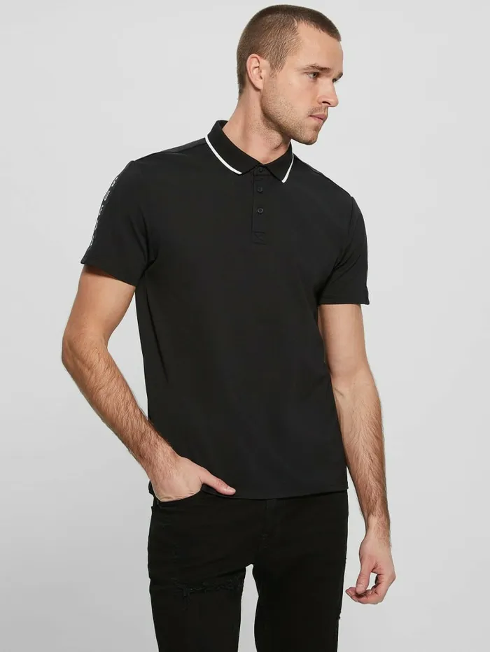 Shirts GUESS Men Paul Pique Tape Polo Shirt Black Shirts GUESS Men Paul Pique Tape Polo Shirt Black