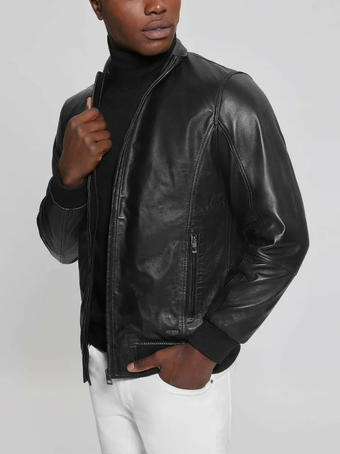 Soft Leather Jacket Black Men Jackets and Coats GUESS