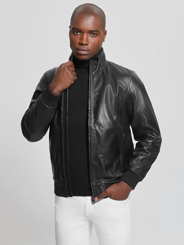 Soft Leather Jacket Black Men Jackets and Coats GUESS