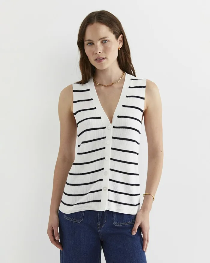 Sportscraft Becky Cotton Vest Whitenavy Women Knits and Cardigans