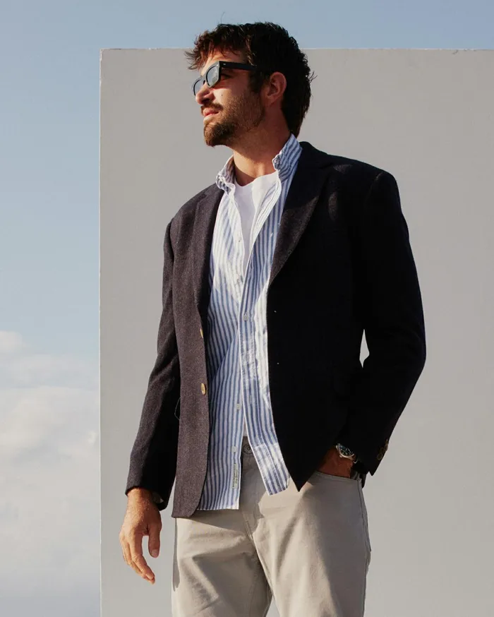 Sportscraft Herringbone Wool Blazer Navy Melange Men Jackets and Blazers