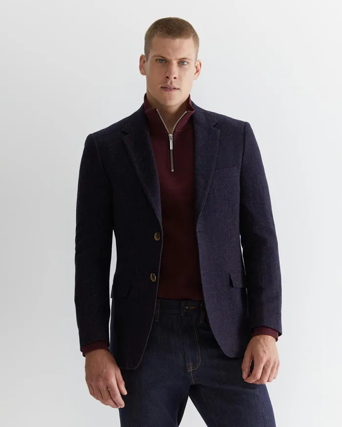 Sportscraft Herringbone Wool Blazer Navy Melange Men Jackets and Blazers
