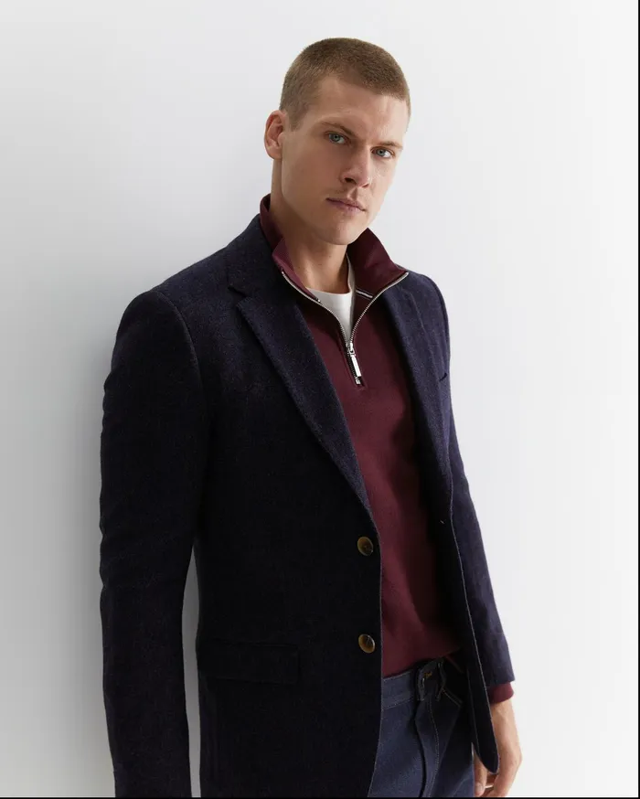 Sportscraft Herringbone Wool Blazer Navy Melange Men Jackets and Blazers