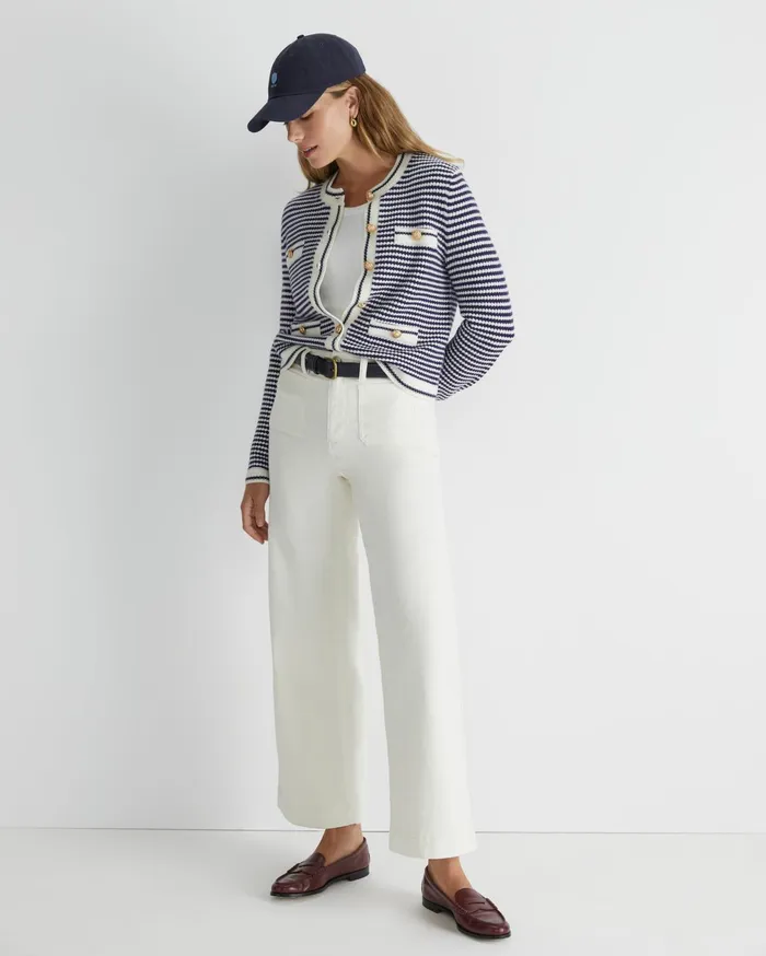 Sportscraft Joyce Merino Wool Cardigan Navywhite Women Knits and Cardigans