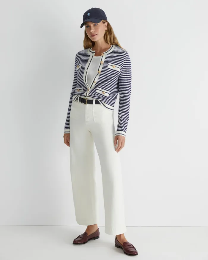 Sportscraft Joyce Merino Wool Cardigan Navywhite Women Knits and Cardigans