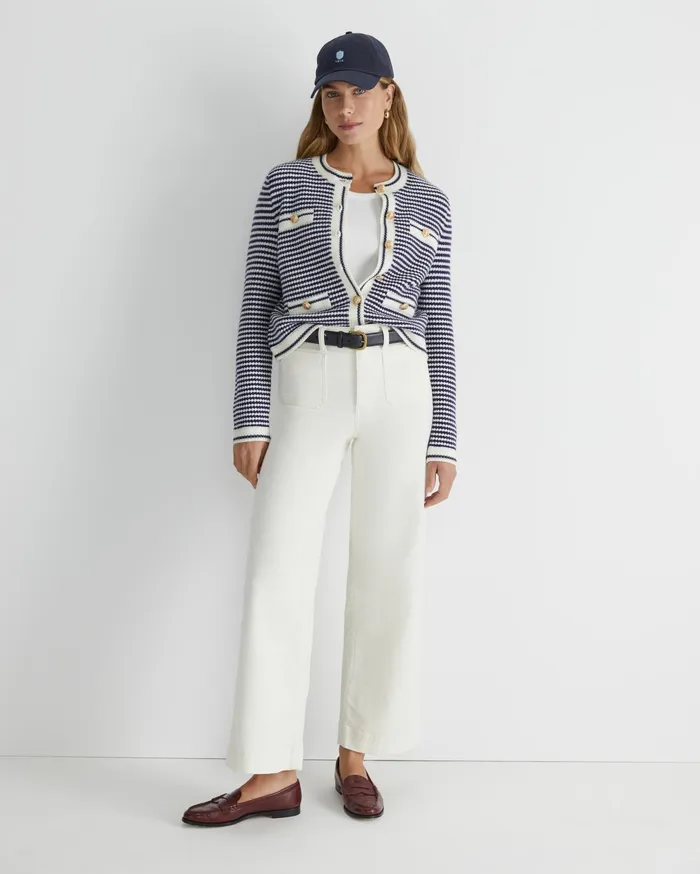 Sportscraft Joyce Merino Wool Cardigan Navywhite Women Knits and Cardigans