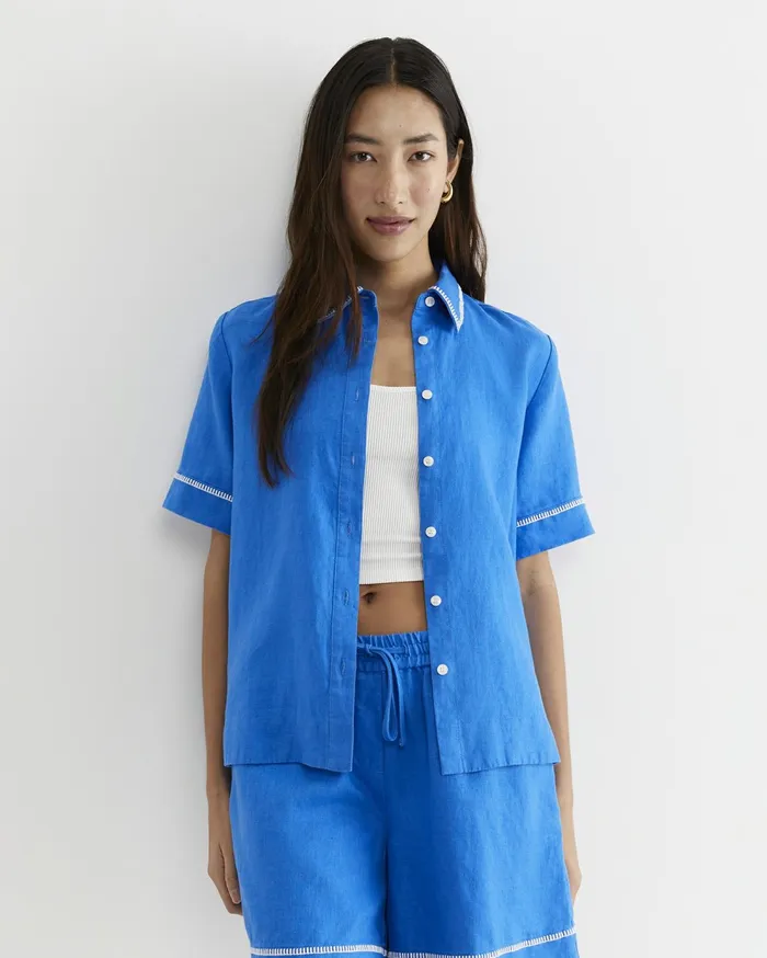 Sportscraft Lulu Blanket Stitch Linen Shirt Peacock Women Shirts