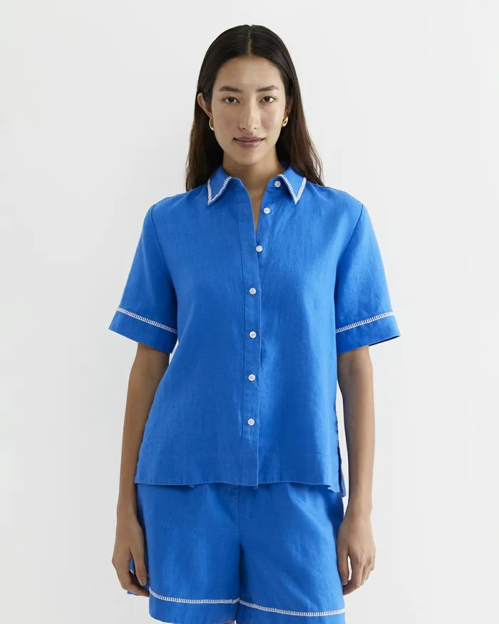 Sportscraft Lulu Blanket Stitch Linen Shirt Peacock Women Shirts