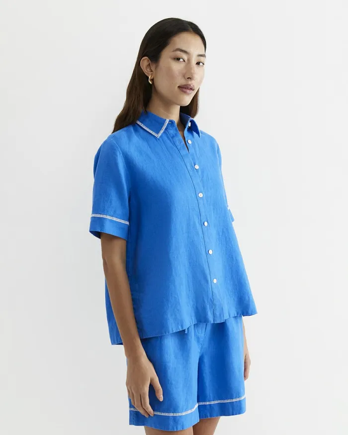 Sportscraft Lulu Blanket Stitch Linen Shirt Peacock Women Shirts