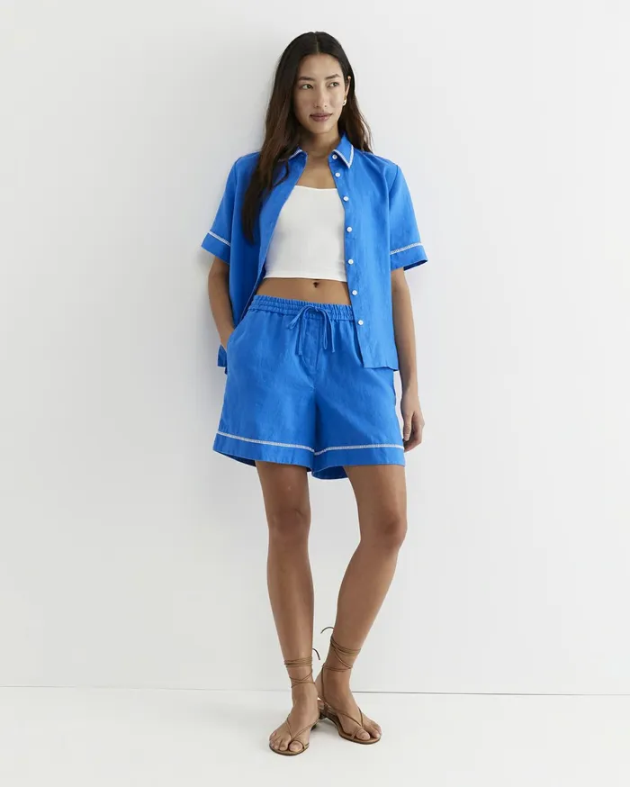Sportscraft Lulu Blanket Stitch Linen Shirt Peacock Women Shirts
