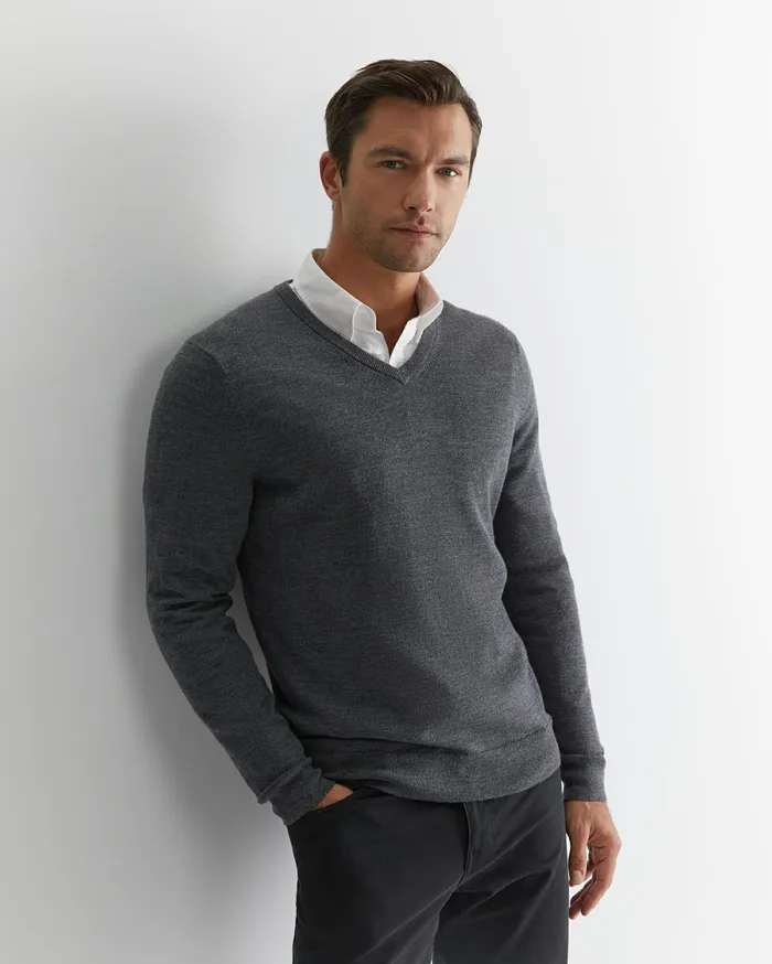 Sportscraft Merino VNeck Knit Charcoal Melange Men Knitwear
