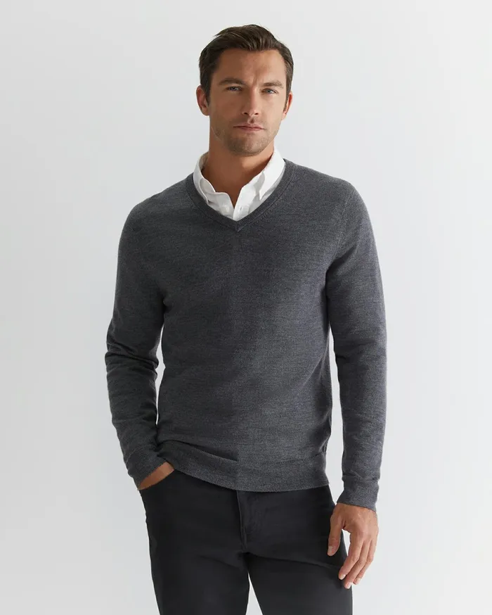 Sportscraft Merino VNeck Knit Charcoal Melange Men Knitwear